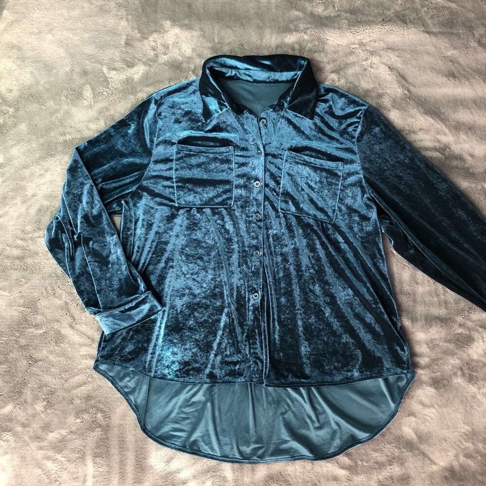 Women’s Velvet Top Button‎ Up Long Sleeve Shirt Pockets Jewel-tone Green Size 3x